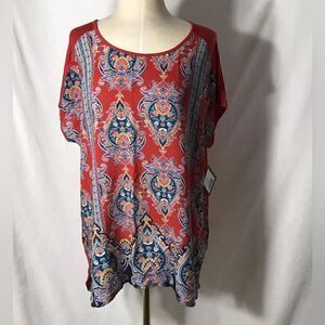 NWT - LEE Red Blue Short Sleeve Paisley Handkerchief Print Tee Top - Size XL